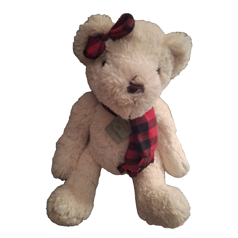 JoAnn‎ Fabrics J Bear ADDIE Cream Fur Sitting 12in Plush Buffalo Plaid Scarf